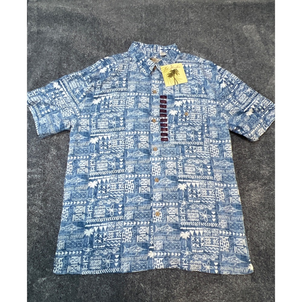 Joe Marlin Mens XL Hawaiian Shirt Sapphire Sea Tribal Tropical Palm Fish NWT